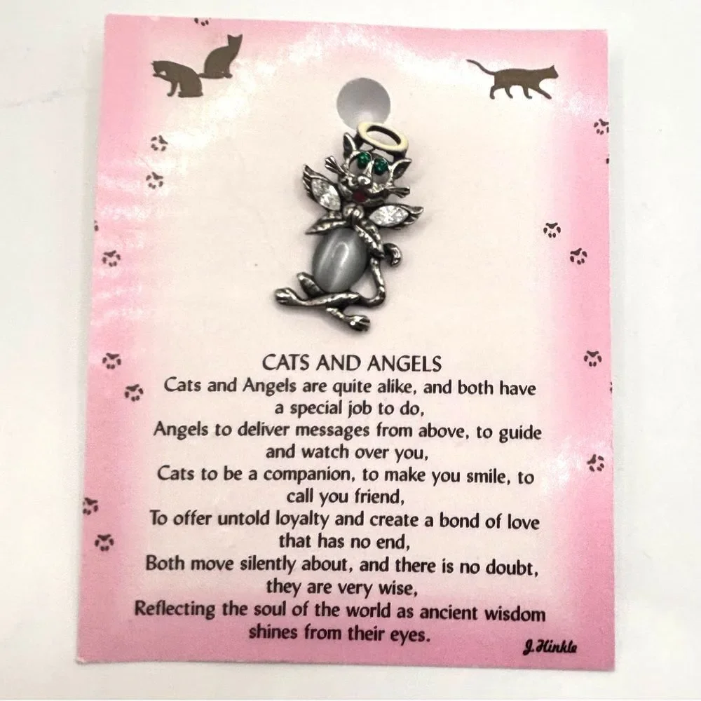 Silver Angel Cat Lapel Pin Rhinestone Animal Angel Brooch